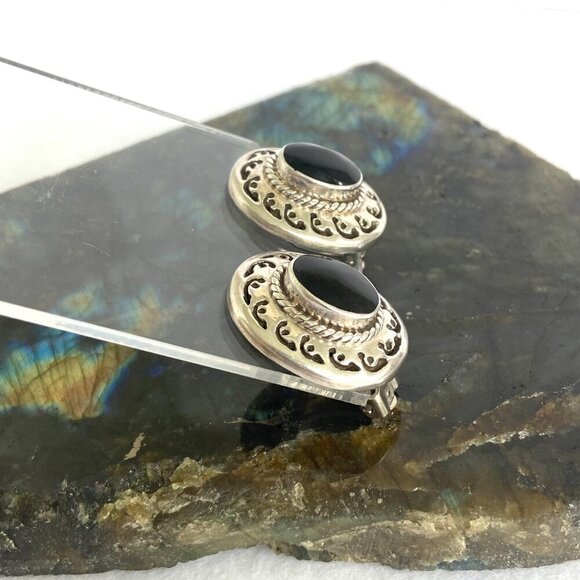 VTG Sterling Silver 925 Mexico Heavy Oval Bezel Set Black Onyx Clip On Earrings - Picture 4 of 15